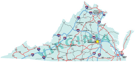 Virginia state road map with Interstates and U.S. Highways. All elements on 3 separate layers for easy editing.  Map created May 31, 2009.  Source: Public domain National Planning Network (http://www.fhwa.dot.gov/planning/nhpn/) and United States Federal のイラスト素材