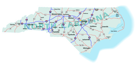 North Carolina state road map with Interstates, U.S. Highways and state roads. All elements on separate layers (Fill, Roads, Cities, Outline) for easy editing. Map created December 3, 2009.  ZIP File contains EPS-8 Adobe Illustrator file, Illustrator CS3 のイラスト素材
