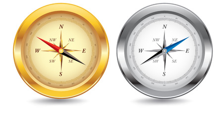 Two compasses, one gold, one silver, with drop shadow.のイラスト素材