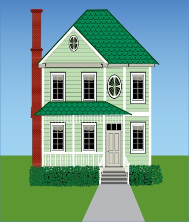 A tall green Victorian home with grass, sky, gingerbread woodwork and a brick chimney.のイラスト素材