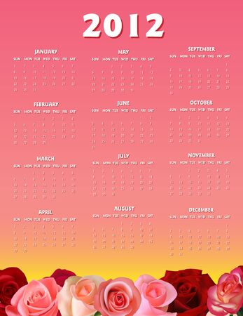 A 2012 Calendar with a beautiful rose border on a pink sunrise background. Sunday start.のイラスト素材