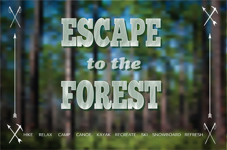 Escape to the Forest Poster, with icon embellishments of nordic sticks, arrows and pickaxes on a longleaf pine forest background.のイラスト素材