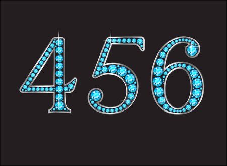 4, 5 and 6 in stunning Aquamarine precious round jewels set into a 2-level silver gradient channel setting, isolated on black.のイラスト素材