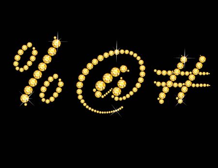 Percent Sign, At Sign and Hashtag in stunning Citrine Script precious round jewels, isolated on black.のイラスト素材