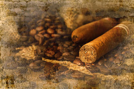 Cigar and coffee bean in small sack on the wooden table overlap with old wall textured background....
