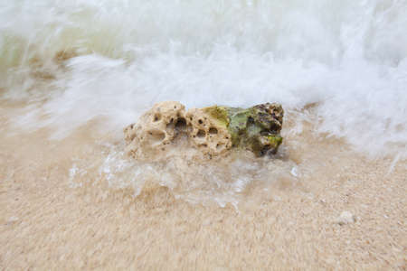 Abstract blurry background of coral on sandy beach with soft waves and beach waves.の写真素材