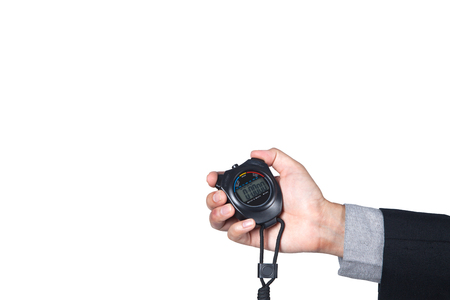 Stopwatch on hand of businessman isolated on white background with space for copy.の写真素材