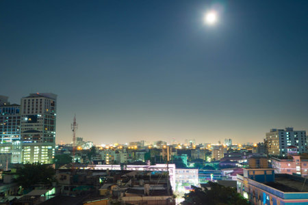 Bangkok night building landscape and moon.の写真素材