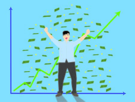 Happy men background with scattering money paper (coin) and grown up graph vector (illustation).の写真素材