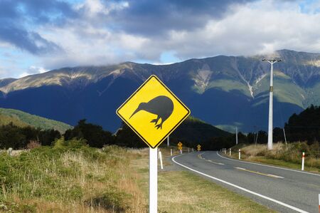 Kiwi sign by the road in New Zealandの写真素材