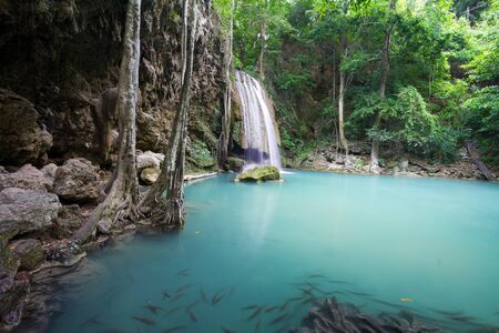 Deep forest waterfall (Erawan Waterfall) in Thailandの写真素材