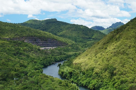 Mountain and River after Sri Nakarin Dam in Kachanuri Thailandの写真素材