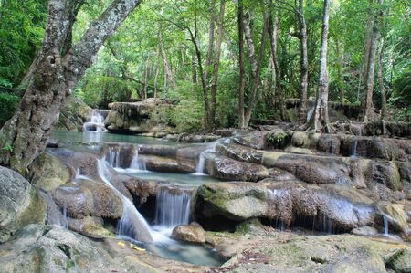 Erawan Waterfall in Green Deep Forest, Thailandの写真素材