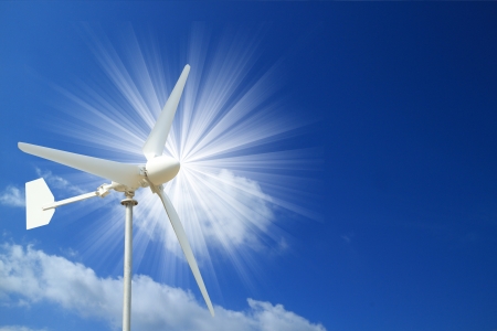 Wind Turbine and  Blue Sky with Light Beam - Clean Energy Conceptの写真素材