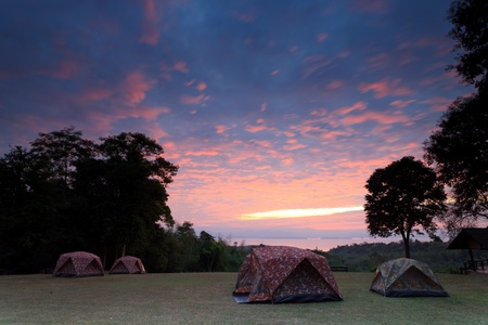 Tents for campers on the hill in the morning in Thailandの写真素材