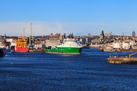 ABERDEEN SCOTLAND - 30 January 2016: Big supply boats in Abeerden harbor on 30 January 2016....