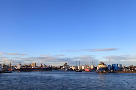 ABERDEEN SCOTLAND - 27 JANUARY 2016: Big supply boats in Abeerden harbor on 27 January 2016. Aberdeen port is one of the busiest ports in UK.のeditorial素材