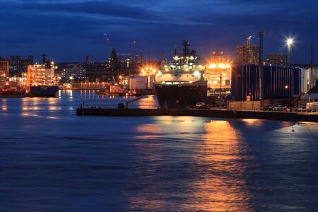 ABERDEEN SCOTLAND - 27 JANUARY 2016: Big supply boats in Aberdeen harbor on 27 January 2016. Aberdeen port is one of the busiest ports in UK.のeditorial素材