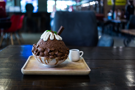 Cocoa Bingsu popula Korean Shaved Ice dessert with sweet toppingsの写真素材