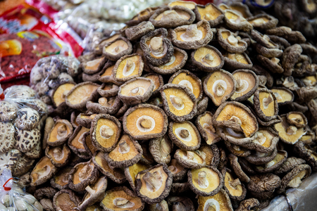 The bulk of dried mushroom in the China town Bangkok, Thailandの写真素材