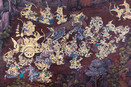 Traditional Thai painting (Art wall) of Ramayana story in the grand palace of Bangkok Thailandの写真素材