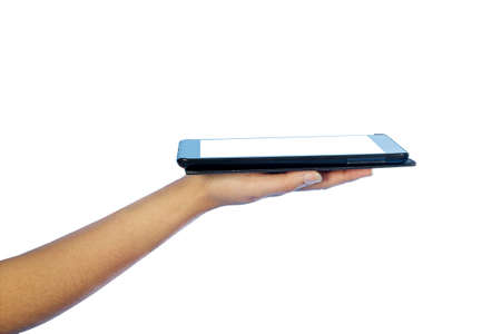 Woman\'s hand shows a Tablet PC. Isolated on white background.の写真素材