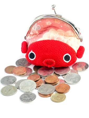 Red fish  purse and coins on white background