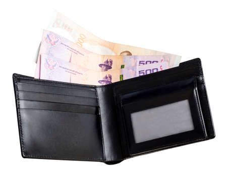 Black leather wallet with money isolated on white backgroundの写真素材