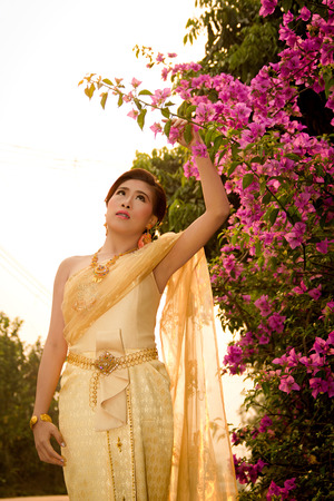 Soft Beautiful Thai women wearing typical Thai dress, identity culture of Thailandの写真素材