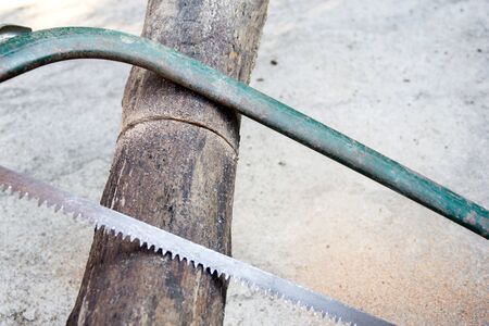 Pieces of wood sawed to make firewood, sawing by hand.の写真素材