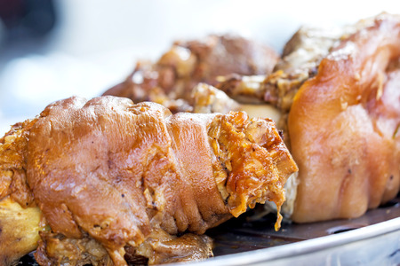 Thai Style pork leg pot stewed on stainless steel tray, selective focus