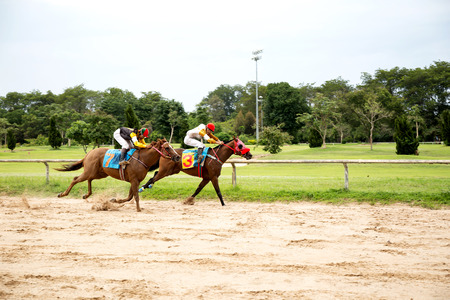 Jockey and horse taking the lead in a raceの写真素材