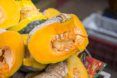 The group of pumpkins, the green pumpkins in market, Thailandの写真素材
