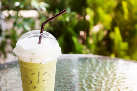Iced green tea on tableの写真素材