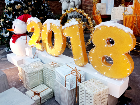 New year 2018 Decorated with snowman and gifts.