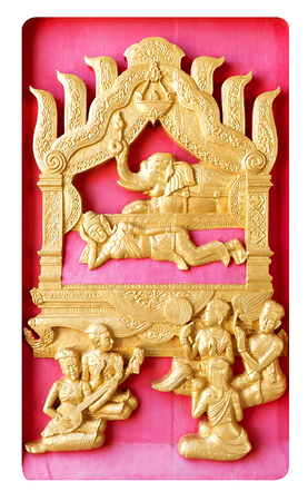 Traditional Old wood carving on the wall of Temple in Thailandの写真素材