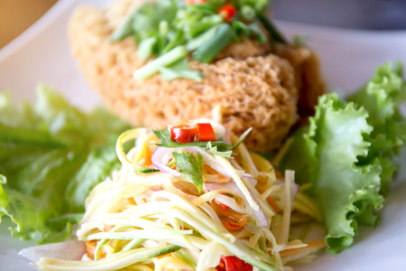 Crispy Catfish Salad Served white plate, Shredded Green Mango, Red Onion, Cabbage, Chili, Peanutの写真素材
