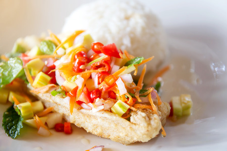 Soft rice and grilled fish Dolly bento with vegetables, selective focus.の写真素材