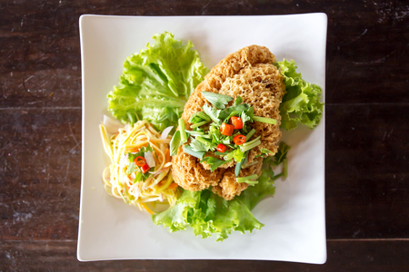 Crispy Catfish Salad Served white plate, Shredded Green Mango, Red Onion, Cabbage, Chili, Peanutの写真素材