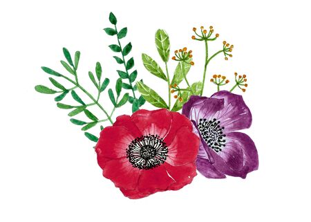 Bouquet of flowers and leaves, floral watercolor painting on isolate backgrounds.の写真素材