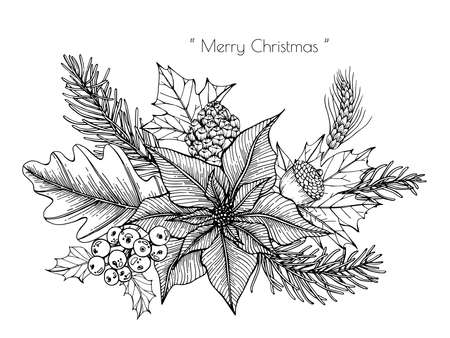 Christmas decoration with flower and leaf hand drawn illustration.のイラスト素材