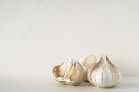 garlic bulb and garlic cloves placed on beige background against beige wall with copy space.の写真素材