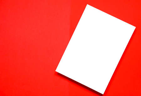 top view of vertical blank white brochure mockup on red background.の写真素材