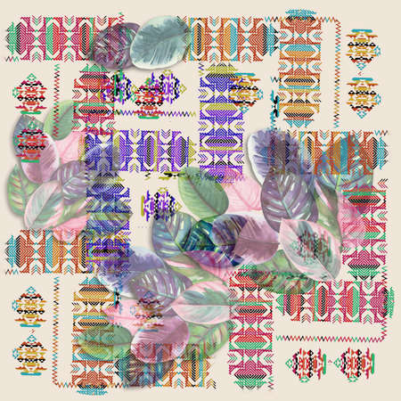 silk scarf design with abstract colorful flowers and leaves