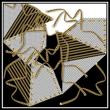 black and white geometric silk scarf design with gold trim