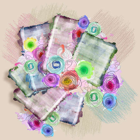bouquets abstract scarf design with spring flowers and leavesの写真素材