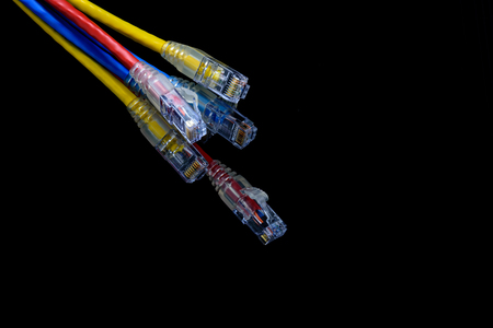 Close up UTP cables patch cord, isolated on black background