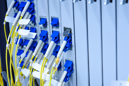 Fiber optic cable connected to card interface of networking switchの写真素材