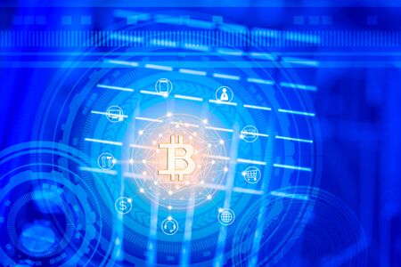 Abstract background concept of bitcoin crypt currency block chain with business and finance icon and circuit board backgroundの写真素材