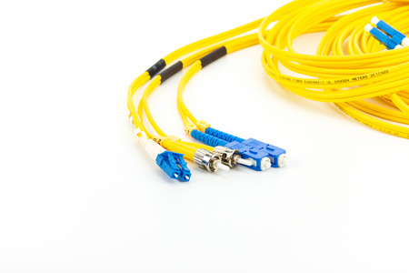 Single mode fiber optic cables patch cord with LC, SC and ST connector type on white background